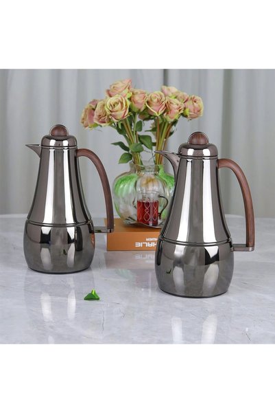 Generic طقم ترامس بتصميم استيل فاخر ــ اسود بيد بني ــ 1 + 1 لتر