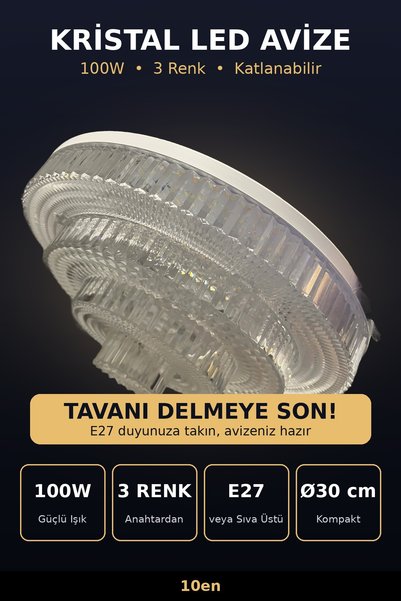 10EN 100W Kristal LED Avize 3 Renkli Katlanabilir E27 Duylu ve Sıva Üstü Plaf...