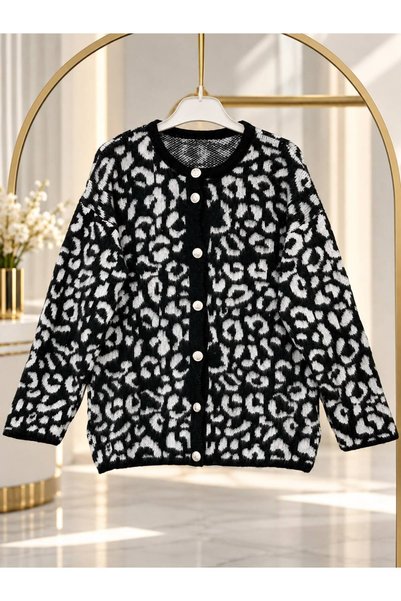 YILMAZBARMAZ Cardigan tricotat cu nasturi, cu imprimeu leopard, pentru femei
