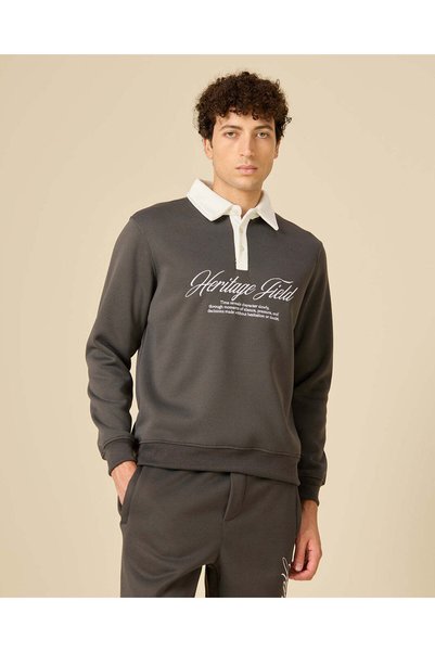 REDTAG Men Charcoal Rugby Sweatshirt