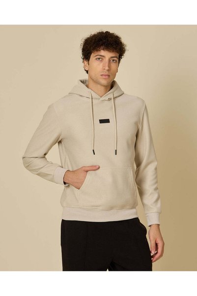 REDTAG Men Beige Textured Hooded Sweatshirt