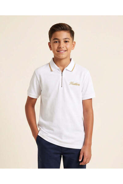 REDTAG Senior Boys White Jacquard Zip Neck Polo Shirt