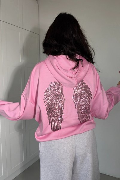 Swana Kadın Angel Arkası Pullu Hoodie Sweatshirt- Pembe