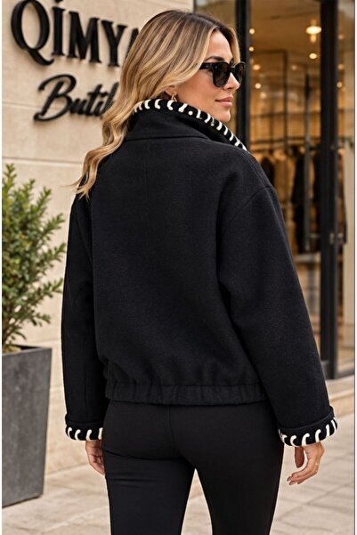 QİMYA BUTİK Keyymod Women's Oversize Checked Coat with Collar & Pocket & Cuff Stitching Detail