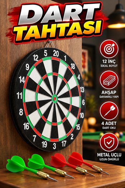 canrodi 12 Inch Wooden Dart Board – Set with 4 Metal Needle Tip Darts