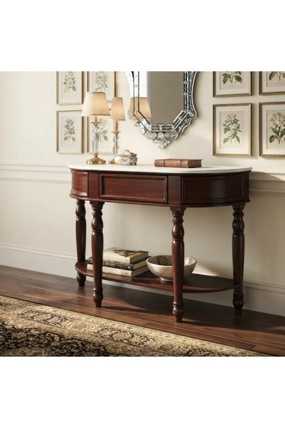 Generic طاولة مدخل من رخام وخشب بتصميم عصري مودرن ــ أبيض وبني ــ 120×40×80 سم
