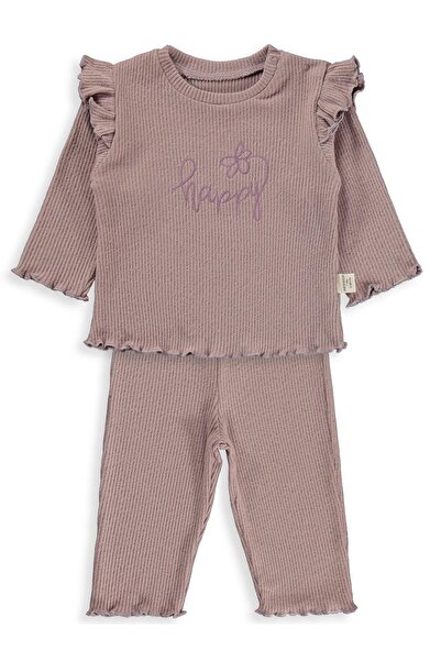 Bebbek Set Happy cu broderie și detalii cu volane pentru copii de 2-5 ani - Roz