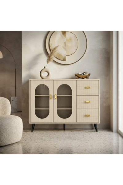 Generic دولاب كافية بيج من خشب وزجاج بتصميم عصري ــ بيج ــ 120x40x90 سم