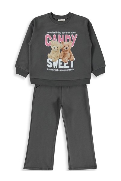 Civil Girls Teddy Bear Printed Tracksuit Set for 6-9 Years Old - Gray