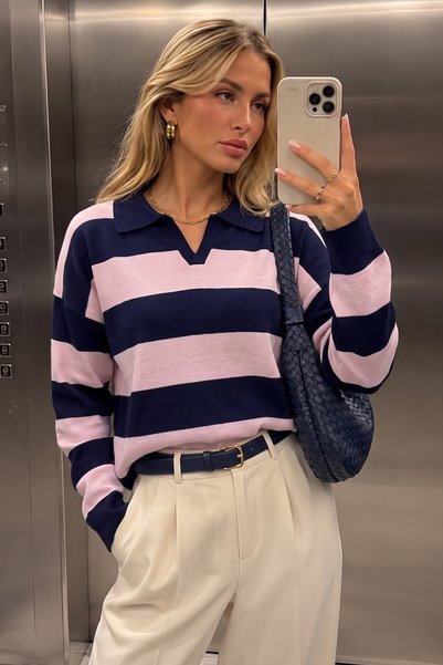 SUBU TASARIM Pulover tricotat supradimensionat cu dungi și guler polo TBSFHM4449