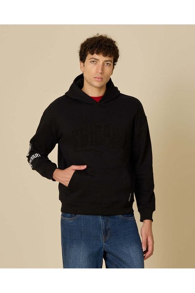REDTAG Men Black Printed Hooded Sweatshirt