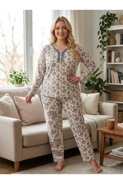 Asel Büyük Beden Yumuşak Tuşeli Uzun Kol Likralı Pijama Takımı