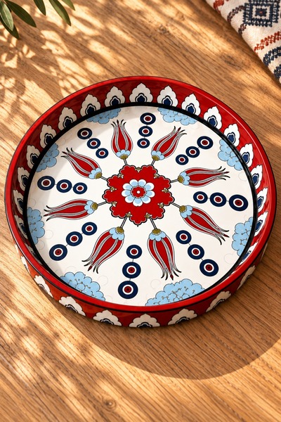 Tita Metal Meyve Tabağı 26 cm Kırmızı Lale Çini Desenli Kuruyemiş ve Lokum Su...