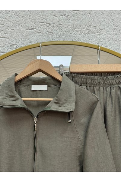 MİHRA STORE Arlina Collar Detailed Elastic Cuffed Trousers Suit-Nl1047 Khaki