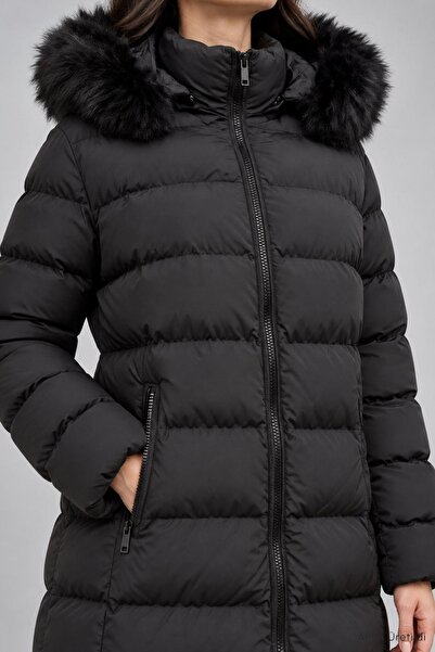 Rays Kapüşonu Peluş Cepli Uzun Şişme Mont 3509 Siyah