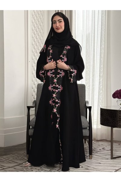 Classy She Retro flower embroidery splicing Abaya (without headscarf)