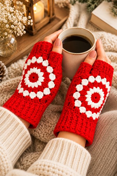 Awesomecrochet Women's Fingerless Knitted Gloves Red White Hand Knitted Winte...
