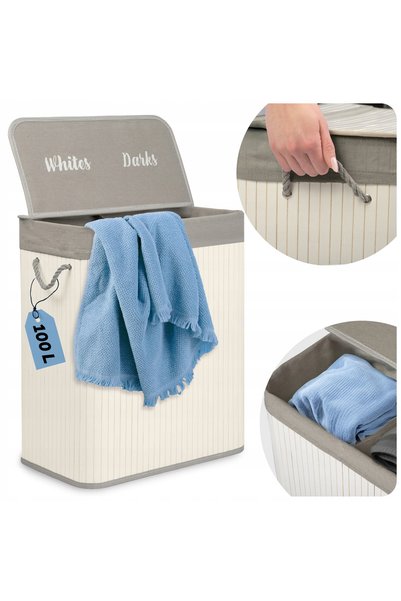 Massido COȘ DE RUFE DIN BAMBUS, MARE, CU CAPAC, 2 COMPARTIMENTE, 100 L