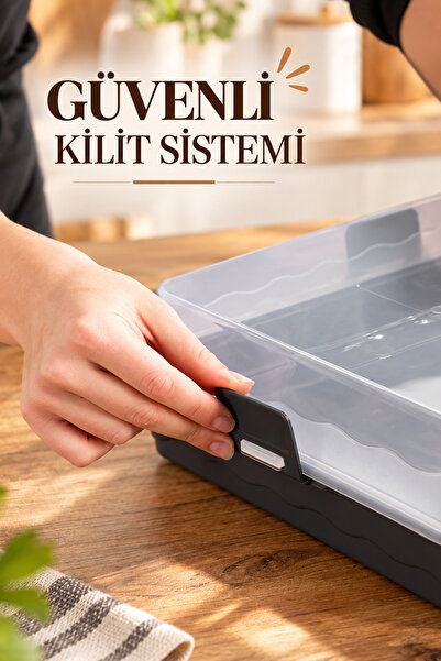Porsima 0587 Kulplu Kilitli Pasta Ve Börek Taşıma Kabı - Dikdörtgen Kek, Poğaça, Kurabiye Saklama Ve Servis Kutusu (Antrasit / Şeffaf)