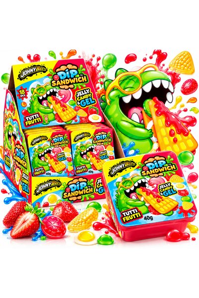 Johny Bee Dip Sandwich Tutti Frutti – Jeleuri și Gel Dulce, Display 18 Bucăți...