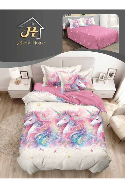 OEM Cream and pink linen with multicolored unicorns and stars, made of finet,...