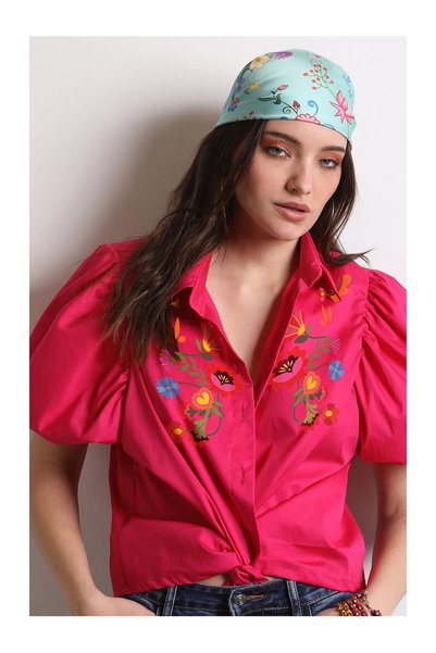 BEE ME Βαμβακερό Oversized Πουκάμισο με Floral Κέντημα Frida Φούξια
