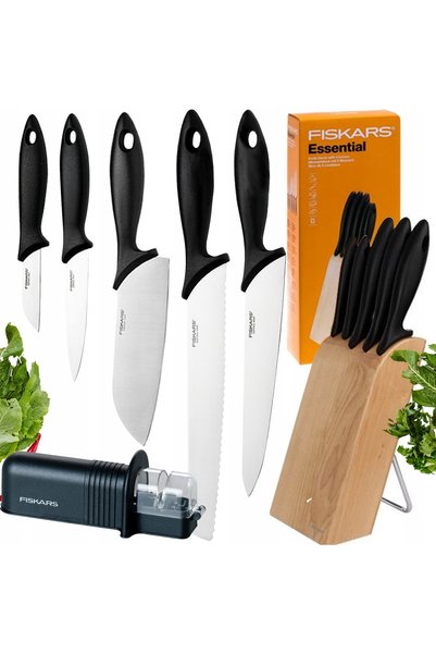 FiSKARS SET 5x CUȚITE DE BUCĂTĂRIE ASCUȚITE ÎN BLOC + ASPIRATOR DE ASCUȚIT ES...