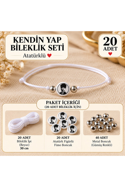 DREAMIOGIFTANDBOX Atatürk Figürlü Kendin Yap Bileklik Seti 20 Adet Boncuklu T...