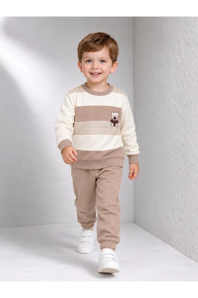 MİLANO KİDS Boy's Teddy Bear Printed Striped 100% Cotton Seasonal Sweatshirt and Sweatpants 2-Piece Set
