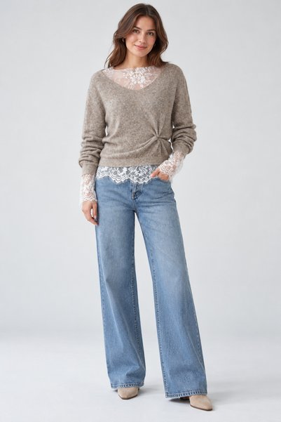 Lupies Women's Wool Knit Sweater with Drawstring Detail