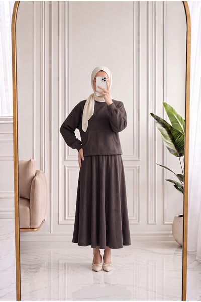 MİHRA STORE Deryanur Kangaroo Pocketed Pique Skirt Suit-Nl678.1 Brown