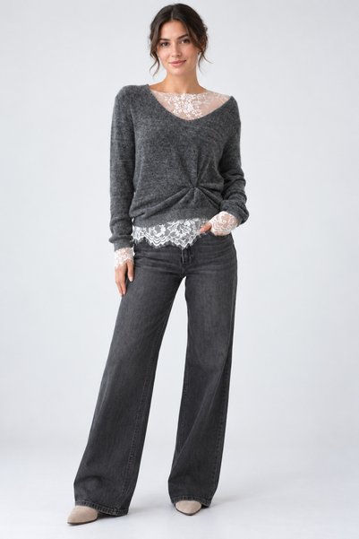 Lupies Women's Wool Knit Sweater with Drawstring Detail