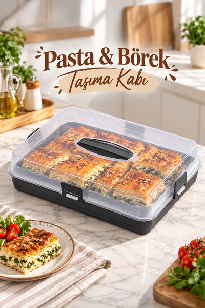 Porsima 0587 Kulplu Kilitli Pasta Ve Börek Taşıma Kabı - Dikdörtgen Kek, Poğaça, Kurabiye Saklama Ve Servis Kutusu (Antrasit / Şeffaf)
