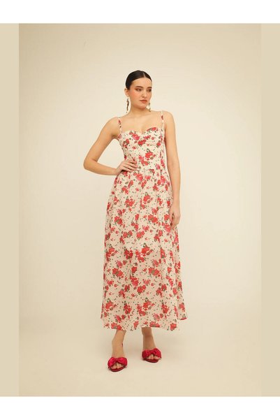 BEE ME Maxi Floral Φόρεμα με Ζώνη Valentina Εκρού