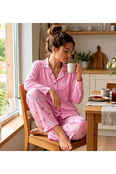 Pijamoni طقم بيجامة نسائي من قماش ميلان ناعم الملمس بأزرار وأكمام طويلة من ال...