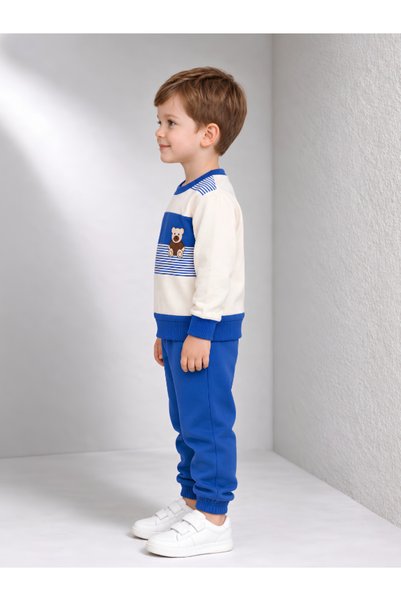 MİLANO KİDS Boy's Teddy Bear Printed Striped 100% Cotton Seasonal Sweatshirt and Sweatpants 2-Piece Set