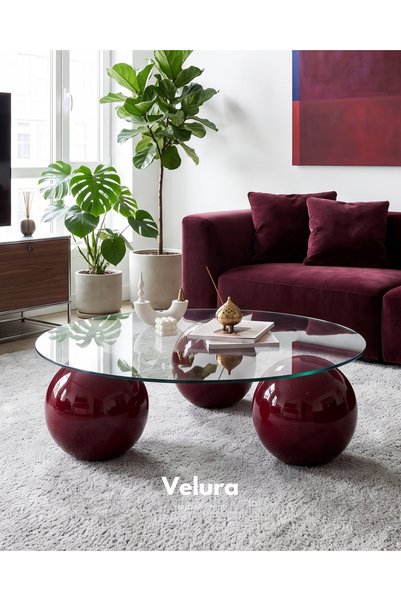 Velura Home & Living Küre Orta Sehpa - Bordo - Yuvarlak Şeffaf