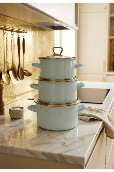 EMAYE EVİM 18-20-22 cm 1750-2,5-3,5 Liter Green Polka Dot Enamel Pot Set