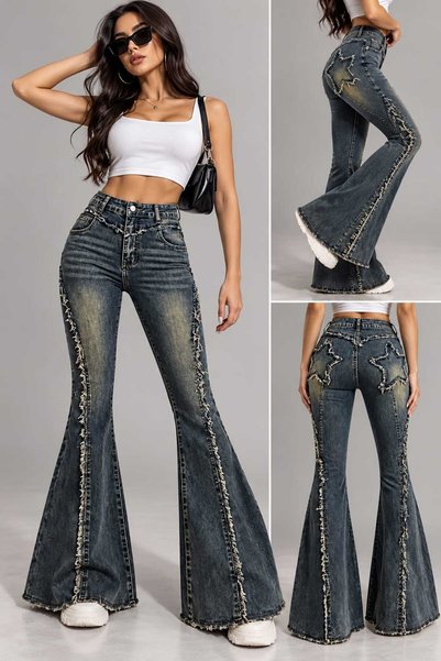 EDVESS Pantaloni din denim spălat cu model de stele în stil grunge Y2K