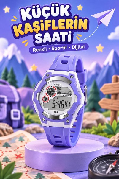 Genel Markalar Kız Çocuk Dijital Kol Saati Mor Beyaz Sportif Tasarım Takvim G...