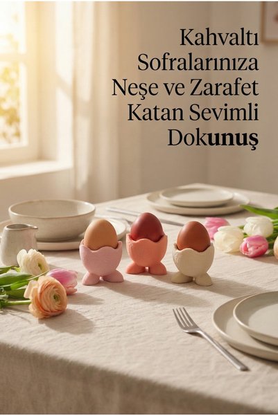 JUJU DESIGN 3'lü Sevimli Ayaklı Yumurtalık Seti Pembe Mercan Krem 6 x 5 cm PLA