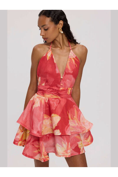 CIEL CONCEPT Sunkissed Mini Linen Φόρεμα Floral Κοραλί - S/M