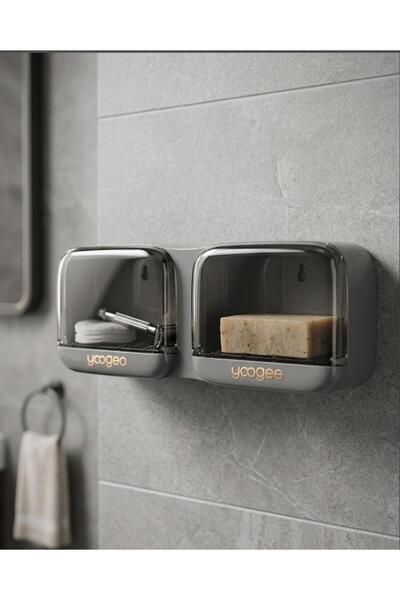 Home Wall Mounted Adhesive 2 Lid Drawer Plastic Soap Dispenser