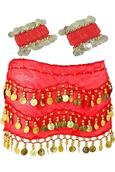 Generic Belly Dance Hip Scarf with Bracelet, 98 Gold Coins Chiffon Belly Danc...
