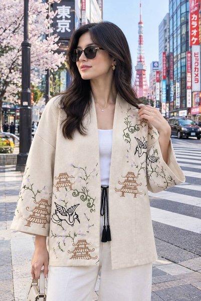 Lavanta Tekstil Japanese Sakura Flower Embroidered Design Cashmere Jacket