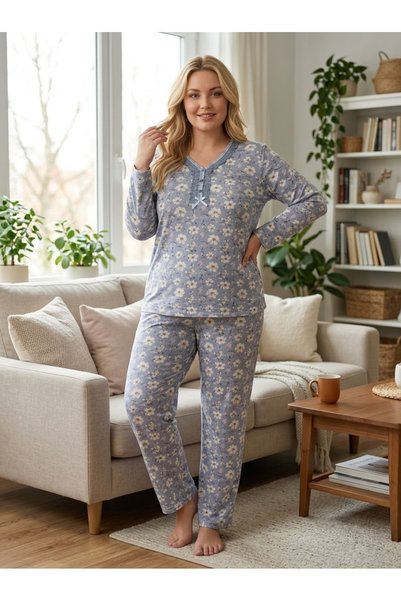 Asel Büyük Beden Yumuşak Tuşeli Uzun Kol Likralı Pijama Takımı