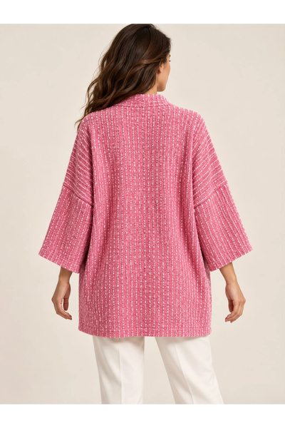 Tencelle Woman Women's Pink and White Patterned Shawl Collar Relaxed Fit Kimono Jacket