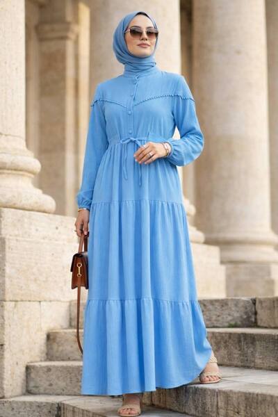 N.S NEVA STYLE Rochie cu nasturi, albastru bebeluș, cu hijab 10213BM