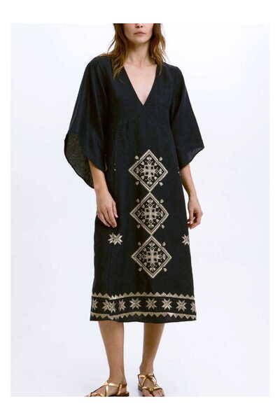 Greek Archaic Kori Midi Φόρεμα Lefkada Bell Sleeve Linen Μαύρο Χρυσό - M