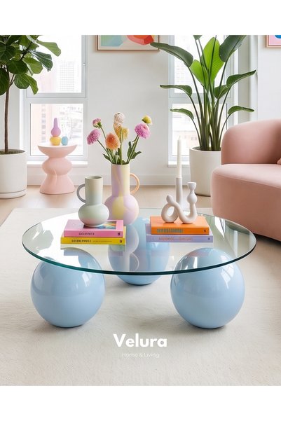 Velura Home & Living Küre Orta Sehpa - Açık Mavi - Yuvarlak Şeffaf